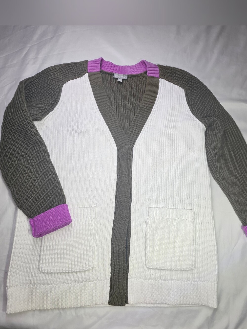 T by Talbots Colorblock Chunky Knit Cardigan Sweater Jacket Olive Purple
